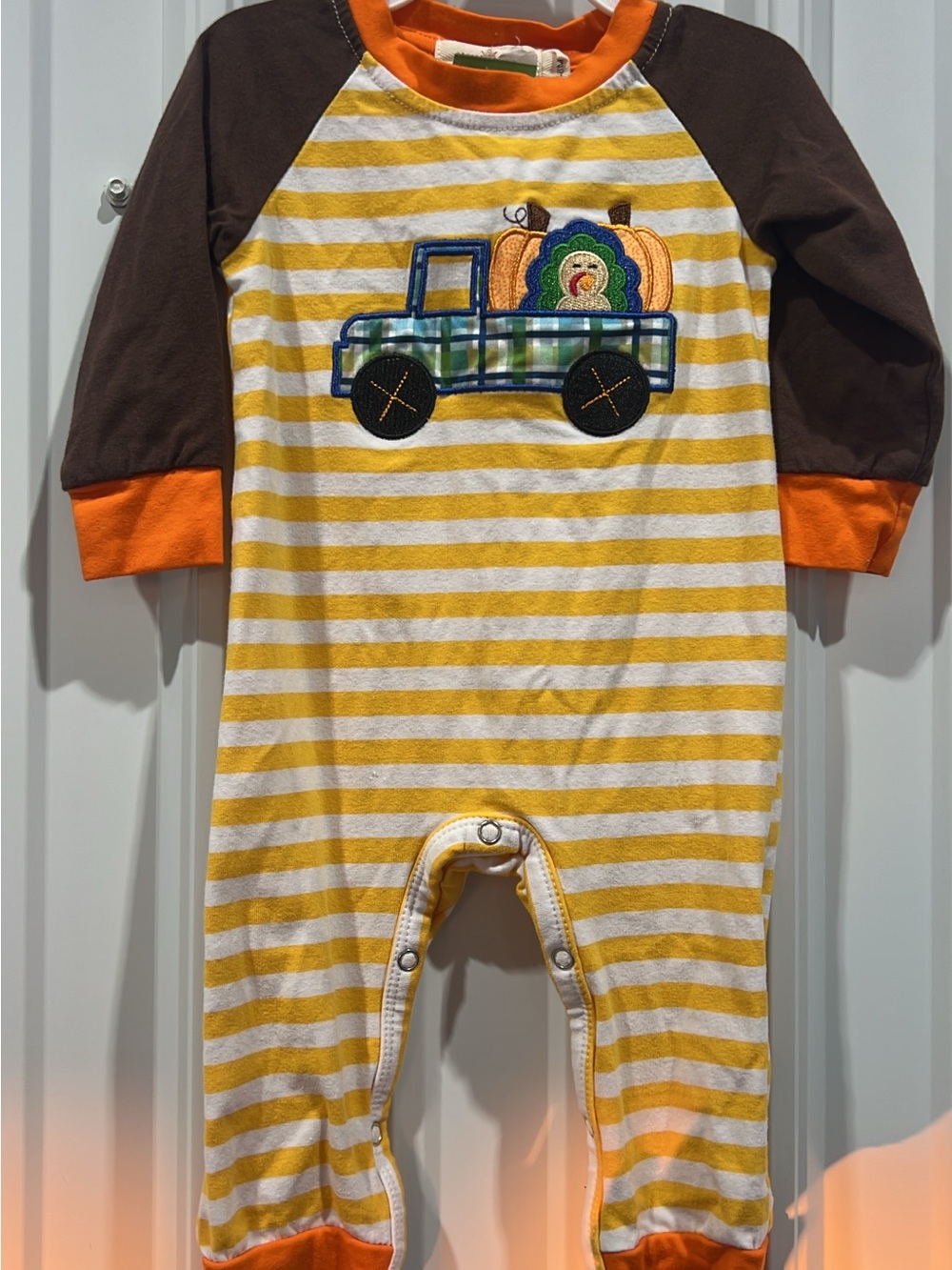 Yellow Striped Pumpkin Truck One-Piece Bodysuit for Kids